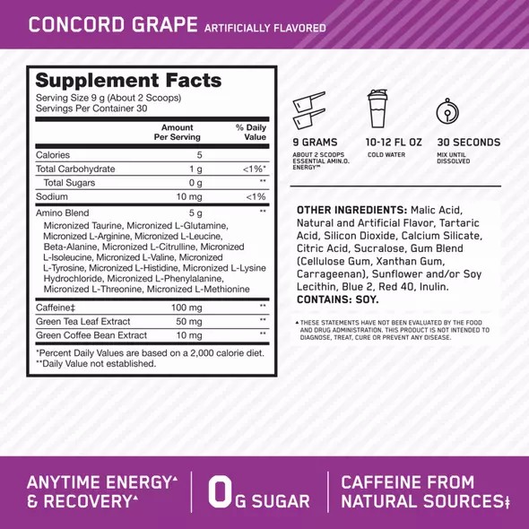 Optimum Nutrition ESSENTIAL AMIN.O. ENERGY® Concord Grape 0.6 lb (30 Servings) Pakistan | 324-IXLMBU