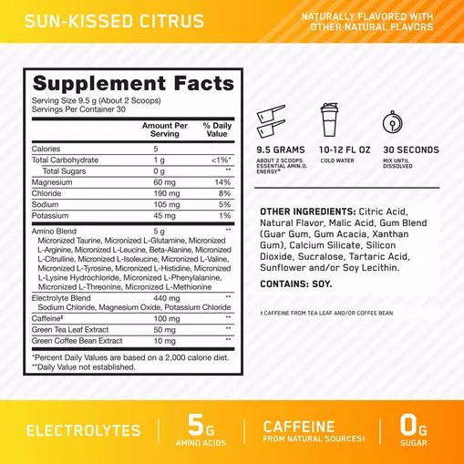 Optimum Nutrition Essential AMIN.O. ENERGY + Electrolytes *new* Sun-kissed Citrus 0.63 lb (30 Servings) Pakistan | 971-XREFAW
