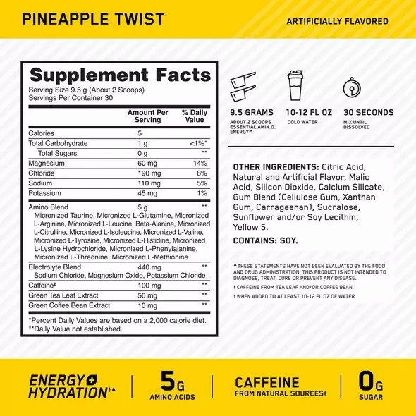 Optimum Nutrition Essential AMIN.O. ENERGY + Electrolytes Pineapple Twist 0.63 lb (30 Servings) Pakistan | 384-JOGXFI