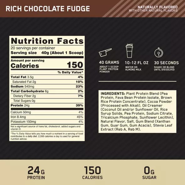 Optimum Nutrition GOLD STANDARD® 100% Plant Rich Chocolate Fudge 1.76 lb (20 Servings) Pakistan | 518-LKFDUG