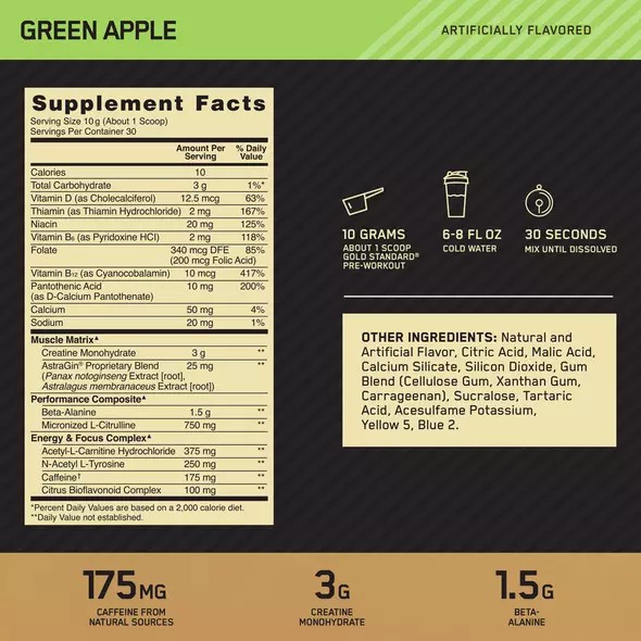 Optimum Nutrition GOLD STANDARD® Pre-Workout Green Apple 0.66 lb (30 Servings) Pakistan | 320-SGODJQ