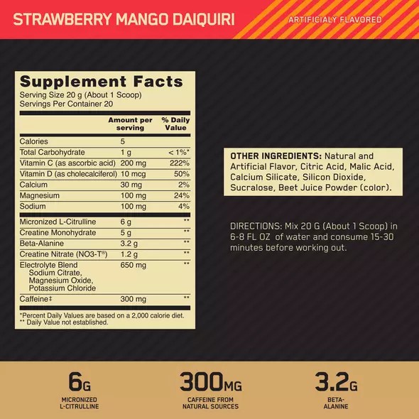 Optimum Nutrition GOLD STANDARD® Pre Advanced Strawberry Mango Daiquiri 0.88 lb (20 Servings) Pakistan | 519-LCSHWT