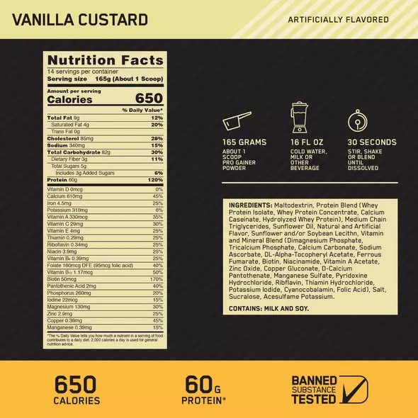 Optimum Nutrition GOLD STANDARD® Pro Gainer Vanilla Custard 5.09 lb (14 Servings) Pakistan | 571-RFQHMW
