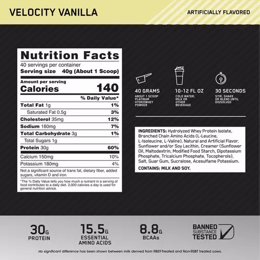 Optimum Nutrition PLATINUM HYDROWHEY™ Velocity Vanilla 3.52 lb (40 Servings) Pakistan | 324-TAMDNQ